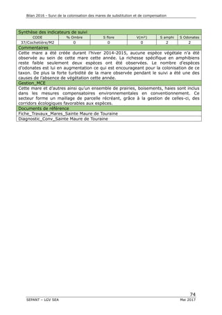 Bilan 2016 - Suivi de la colonisation des mares de substitution et de compensation
74
SEPANT – LGV SEA Mai 2017
Synthèse des indicateurs de suivi
CODE % Ombre S flore V(m²) S amphi S Odonates
37/Cochetière/M2 0 0 0 2 2
Commentaires
Cette mare a été créée durant l’hiver 2014-2015, aucune espèce végétale n’a été
observée au sein de cette mare cette année. La richesse spécifique en amphibiens
reste faible seulement deux espèces ont été observées. Le nombre d’espèces
d’odonates est lui en augmentation ce qui est encourageant pour la colonisation de ce
taxon. De plus la forte turbidité de la mare observée pendant le suivi a été une des
causes de l’absence de végétation cette année.
Gestion_MCE
Cette mare et d’autres ainsi qu’un ensemble de prairies, boisements, haies sont inclus
dans les mesures compensatoires environnementales en conventionnement. Ce
secteur forme un maillage de parcelle récréant, grâce à la gestion de celles-ci, des
corridors écologiques favorables aux espèces.
Documents de référence
Fiche_Travaux_Mares_Sainte Maure de Touraine
Diagnostic_Conv_Sainte Maure de Touraine
 