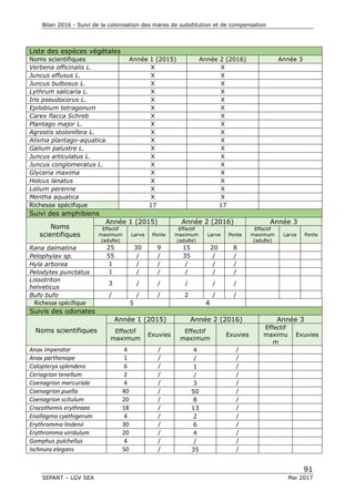 Bilan 2016 - Suivi de la colonisation des mares de substitution et de compensation
91
SEPANT – LGV SEA Mai 2017
Liste des espèces végétales
Noms scientifiques Année 1 (2015) Année 2 (2016) Année 3
Verbena officinalis L. X X
Juncus effusus L. X X
Juncus bulbosus L. X X
Lythrum salicaria L. X X
Iris pseudocorus L. X X
Epilobium tetragonum X X
Carex flacca Schreb X X
Plantago major L. X X
Agrostis stolonifera L. X X
Alisma plantago-aquatica. X X
Galium palustre L. X X
Juncus articulatus L. X X
Juncus conglomeratus L. X X
Glyceria maxima X X
Holcus lanatus X X
Lolium perenne X X
Mentha aquatica X X
Richesse spécifique 17 17
Suivi des amphibiens
Noms
scientifiques
Année 1 (2015) Année 2 (2016) Année 3
Effectif
maximum
(adulte)
Larve Ponte
Effectif
maximum
(adulte)
Larve Ponte
Effectif
maximum
(adulte)
Larve Ponte
Rana dalmatina 25 30 9 15 20 8
Pelophylax sp. 55 / / 35 / /
Hyla arborea 1 / / / / /
Pelodytes punctatus 1 / / / / /
Lissotriton
helveticus
3 / / / / /
Bufo bufo / / / 2 / /
Richesse spécifique 5 4
Suivis des odonates
Noms scientifiques
Année 1 (2015) Année 2 (2016) Année 3
Effectif
maximum
Exuvies
Effectif
maximum
Exuvies
Effectif
maximu
m
Exuvies
Anax imperator 4 / 4 /
Anax parthenope 1 / / /
Calopteryx splendens 6 / 1 /
Ceriagrion tenellum 2 / / /
Coenagrion mercuriale 4 / 3 /
Coenagrion puella 40 / 50 /
Coenagrion scitulum 20 / 8 /
Crocothemis erythraea 18 / 13 /
Enallagma cyathigerum 4 / 2 /
Erythromma lindenii 30 / 6 /
Erythromma viridulum 20 / 4 /
Gomphus pulchellus 4 / / /
Ischnura elegans 50 / 35 /
 