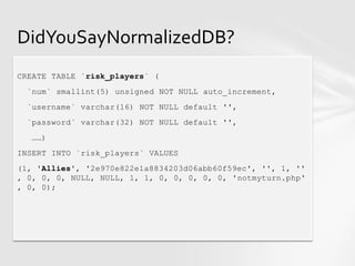 DidYouSayNormalizedDB?
CREATE TABLE `risk_players` (
 `num` smallint(5) unsigned NOT NULL auto_increment,
 `username` varchar(16) NOT NULL default '',
 `password` varchar(32) NOT NULL default '',
  ……)
INSERT INTO `risk_players` VALUES
(1, 'Allies', '2e970e822e1a8834203d06abb60f59ec', '', 1, ''
, 0, 0, 0, NULL, NULL, 1, 1, 0, 0, 0, 0, 0, 'notmyturn.php'
, 0, 0);
 