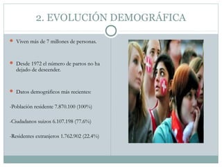2. EVOLUCIÓN DEMOGRÁFICA

 Viven más de 7 millones de personas.



 Desde 1972 el número de partos no ha
   dejado de descender.


 Datos demográficos más recientes:


-Población residente 7.870.100 (100%)

-Ciudadanos suizos 6.107.198 (77.6%)

-Residentes extranjeros 1.762.902 (22.4%)
 