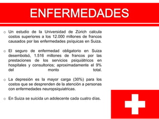 o Un estudio de la Universidad de Zúrich calcula
costos superiores a los 12.000 millones de francos
causados por las enfermedades psíquicas en Suiza.
o El seguro de enfermedad obligatorio en Suiza
desembolsó, 1.516 millones de francos por las
prestaciones de los servicios psiquiátricos en
hospitales y consultorios; aproximadamente el 9%
del monto total.
o La depresión es la mayor carga (30%) para los
costos que se desprenden de la atención a personas
con enfermedades neuropsiquiatricas.
o En Suiza se suicida un adolecente cada cuatro días.
 