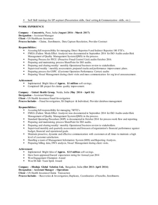  Soft Skill trainings for IJP aspirant (Presentation skills, Goal setting & Communication skills, etc.)
WORK EXPERIENCE
Company – Concentrix, Pune, India (August 2016 – March 2017)
Designation - Assistant Manager
Client - US Healthcare Insurance
Process Includes – Claims, Enrollments, Data Capture Resolution, Provider Contract
Responsibilities:
 Assuring full responsibility for managing Direct Reportee 8 and Indirect Reportee 180 FTE’s.
 FMEA (Failure Mode Effect Analysis) was documented in September 2016 for ISO Audits under Risk
Management of Quality Management System(QMS) in the process.
 Preparing Process for PFCU (Proactive Fraud Control Unit) audits October 2016.
 Preparing and maintaining process SharePoint for ISO audits.
 Preparing and sharing weekly/ monthly Operational business review to stakeholders.
 Supervised weekly / monthly assessments,prepared stacks and performance improvement plans.
 Preparing process for COPC (Customer Operation Performance Center) audits
 Preparing Visual Management during client visits and mass communication for org level announcement.
Achievement:
 Implemented Bright Idea of Approx. $1 million soft savings.
 Completed GB project for claims quality improvement.
Company - United Health Group, Noida, India (May 2014 – April 16)
Designation - Assistant Manager
Client - US Health Insurance Fraud Investigation
Process Includes – Fraud Investigation, SS Employer & Individual, Provider database management
Responsibilities:
 Assuring full responsibility for managing 74FTE’s.
 FMEA (Failure Mode Effect Analysis) was documented in September 2014 for ISO Audits under Risk
Management of Quality Management System(QMS) in the process.
 Standard Operating Procedure (SOP) is documented in October 2014 for process work flow and reporting.
 Preparing and maintaining process SharePoint for ISO audits.
 Preparing and sharing weekly/ monthly Operational business review to stakeholders.
 Supervised monthly and quarterly assessments and forecasts oforganization's financial performance against
budget,financial and operational goals.
 Maintain proactive, dynamic and effective communication with customers at all times to maintain a high
level of customer satisfaction.
 Handling a team of Management Information System (MIS) and Reporting Analysts.
 Preparing billing data, EWS analysis,Visual Management during client visits.
Achievement:
 Implemented Bright Idea of Approx. $2.5 million soft savings.
 Have been appraised Exceed expectation rating for Annual year 2014
 Won Engagement Champion Award
 Won SS E&I Team Spirit Award
Company - Hinduja Global Solution Ltd., Bangalore, India (Oct 2011-April 2014)
Designation - Assistant Manager - Operations
Client - US Health Insurance Claims Transaction
Process Includes – Recoveries & Investigation,Duplicate, Coordination of benefits, Enrollments
 