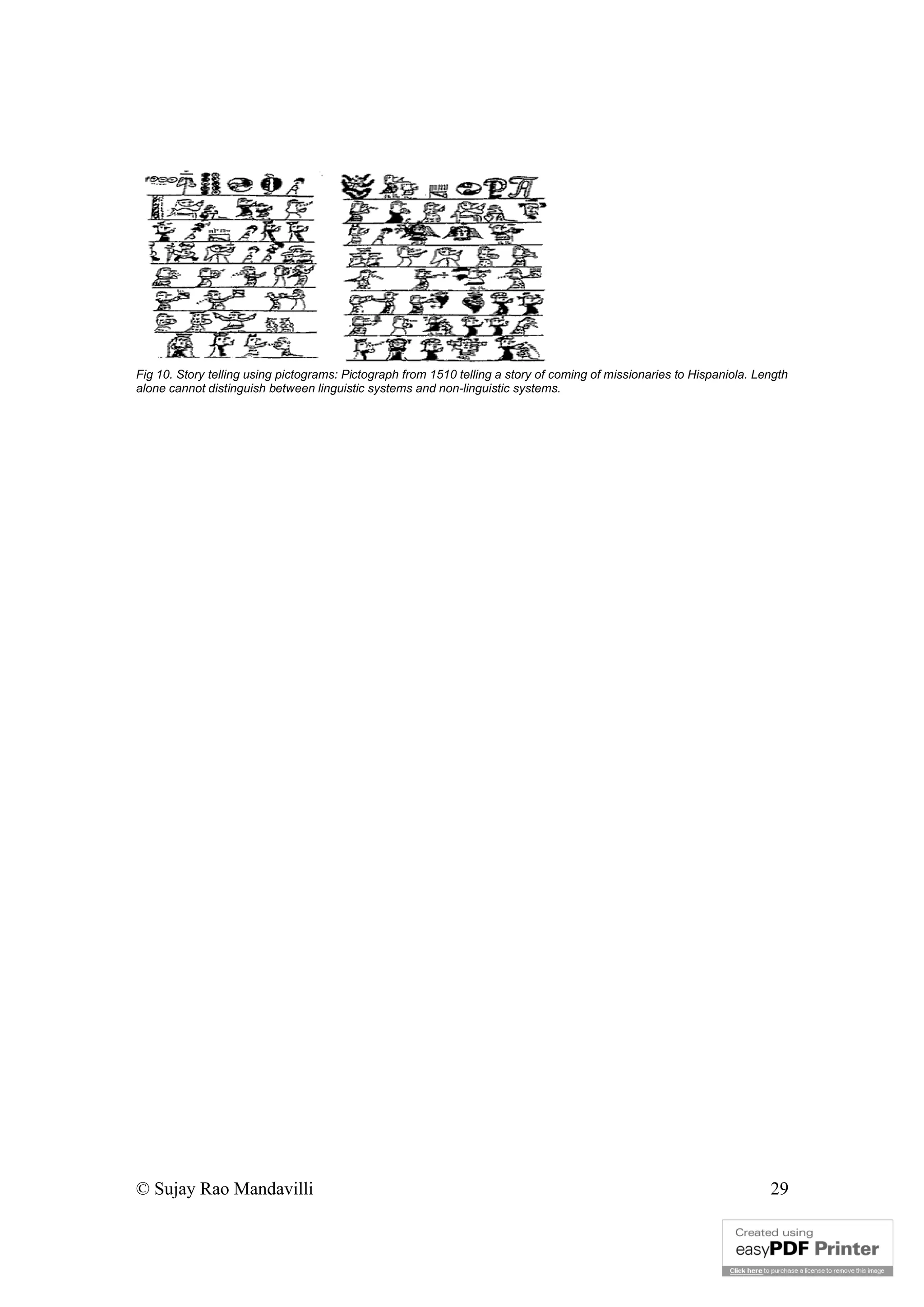 © Sujay Rao Mandavilli 29
Fig 10. Story telling using pictograms: Pictograph from 1510 telling a story of coming of missionaries to Hispaniola. Length
alone cannot distinguish between linguistic systems and non-linguistic systems.
 
