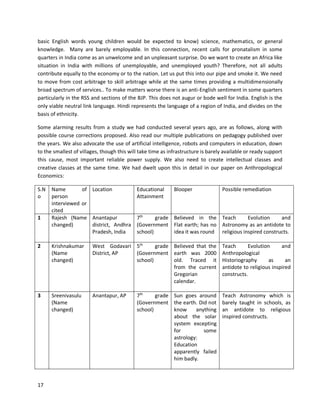 17
basic English words young children would be expected to know) science, mathematics, or general
knowledge. Many are barely employable. In this connection, recent calls for pronatalism in some
quarters in India come as an unwelcome and an unpleasant surprise. Do we want to create an Africa like
situation in India with millions of unemployable, and unemployed youth? Therefore, not all adults
contribute equally to the economy or to the nation. Let us put this into our pipe and smoke it. We need
to move from cost arbitrage to skill arbitrage while at the same times providing a multidimensionally
broad spectrum of services.. To make matters worse there is an anti-English sentiment in some quarters
particularly in the RSS and sections of the BJP. This does not augur or bode well for India. English is the
only viable neutral link language. Hindi represents the language of a region of India, and divides on the
basis of ethnicity.
Some alarming results from a study we had conducted several years ago, are as follows, along with
possible course corrections proposed. Also read our multiple publications on pedagogy published over
the years. We also advocate the use of artificial intelligence, robots and computers in education, down
to the smallest of villages, though this will take time as infrastructure is barely available or ready support
this cause, most important reliable power supply. We also need to create intellectual classes and
creative classes at the same time. We had dwelt upon this in detail in our paper on Anthropological
Economics:
S.N
o
Name of
person
interviewed or
cited
Location Educational
Attainment
Blooper Possible remediation
1 Rajesh (Name
changed)
Anantapur
district, Andhra
Pradesh, India
7th
grade
(Government
school)
Believed in the
Flat earth; has no
idea it was round
Teach Evolution and
Astronomy as an antidote to
religious inspired constructs.
2 Krishnakumar
(Name
changed)
West Godavari
District, AP
5th
grade
(Government
school)
Believed that the
earth was 2000
old. Traced it
from the current
Gregorian
calendar.
Teach Evolution and
Anthropological
Historiography as an
antidote to religious inspired
constructs.
3 Sreenivasulu
(Name
changed)
Anantapur, AP 7th
grade
(Government
school)
Sun goes around
the earth. Did not
know anything
about the solar
system excepting
for some
astrology:
Education
apparently failed
him badly.
Teach Astronomy which is
barely taught in schools, as
an antidote to religious
inspired constructs.
 