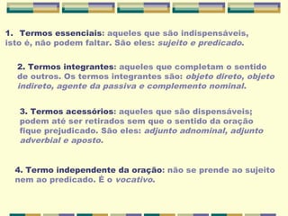1. Termos essenciais: aqueles que são indispensáveis,
isto é, não podem faltar. São eles: sujeito e predicado.
2. Termos integrantes: aqueles que completam o sentido
de outros. Os termos integrantes são: objeto direto, objeto
indireto, agente da passiva e complemento nominal.
3. Termos acessórios: aqueles que são dispensáveis;
podem até ser retirados sem que o sentido da oração
fique prejudicado. São eles: adjunto adnominal, adjunto
adverbial e aposto.
4. Termo independente da oração: não se prende ao sujeito
nem ao predicado. É o vocativo.
 