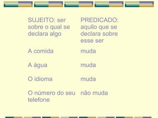 SUJEITO: ser
sobre o qual se
declara algo
PREDICADO:
aquilo que se
declara sobre
esse ser
A comida muda
A água muda
O idioma muda
O número do seu
telefone
não muda
 