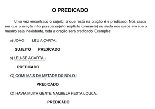 Uma vez encontrado o sujeito, o que resta na oração é o predicado. Nos casos
em que a oração não possua sujeito explícito (presente) ou ainda nos casos em que o
mesmo seja inexistente, toda a oração será predicado. Exemplos:
a) JOÃO LEU A CARTA.
SUJEITO PREDICADO
b) LEU-SE A CARTA.
PREDICADO
C) COMI MAIS DA METADE DO BOLO.
PREDICADO
C) HAVIA MUITA GENTE NAQUELA FESTA LOUCA.
PREDICADO
O PREDICADO
 