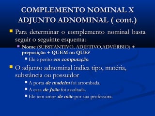 COMPLEMENTO NOMINAL X
     ADJUNTO ADNOMINAL ( cont.)
   Para determinar o complemento nominal basta
    seguir o seguinte esquema:
       Nome (SUBSTANTIVO, ADJETIVO,ADVÉRBIO) +
        preposição + QUEM ou QUE?
          Ele é perito em computação.

   O adjunto adnominal indica tipo, matéria,
    substância ou possuidor
         A porta de madeira foi arrombada.
         A casa de João foi assaltada.
         Ele tem amor de mãe por sua professora.
 