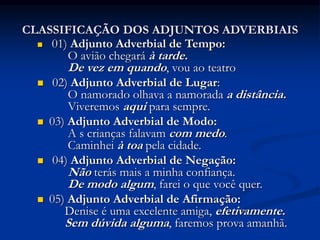 CLASSIFICAÇÃO DOS ADJUNTOS ADVERBIAIS
 01) Adjunto Adverbial de Tempo:
O avião chegará à tarde.
De vez em quando, vou ao teatro
 02) Adjunto Adverbial de Lugar:
O namorado olhava a namorada a distância.
Viveremos aqui para sempre.
 03) Adjunto Adverbial de Modo:
A s crianças falavam com medo.
Caminhei à toa pela cidade.
 04) Adjunto Adverbial de Negação:
Não terás mais a minha confiança.
De modo algum, farei o que você quer.
 05) Adjunto Adverbial de Afirmação:
Denise é uma excelente amiga, efetivamente.
Sem dúvida alguma, faremos prova amanhã.
 