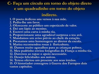 C- Faça um círculo em torno do objeto direto
e um quadradinho em torno do objeto
indireto.
1. O poeta dedicou uns versos à sua mãe.
2. Pediu-lhe um favor.
3. Ofereceste ao público um espetáculo de valor.
4. Dei um lápis ao menino.
5. Escrevi uma carta à minha tia.
6. Proporcionaste uma agradável surpresa a teu avô.
7. Mandamos um aviso prévio ao chefe da estação.
8. Prestamos uma homenagem ao diretor da escola.
9. Marisa recomendou rosas à floricultura.
10. Damos muito agasalhos para as crianças pobres.
11. Meu padrinho enviou fotografias da França a minha tia.
12. Daremos ao rapaz o apoio necessário.
13. Desejo felicidades aos noivos.
14. Teresa ofertou um presente aos seus irmãos.
15. O historiador consagrou à Guerra dos Farrapos dois
vastos capítulos.
 