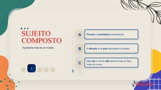 SUJEITO
COMPOSTO
Apresenta mais de um núcleo.
2
1 3 4 5
Fiscais e candidatos conversaram.
A
A direção e os pais aprovaram o projeto.
B
Meu pai e minha mãe querem que eu faça
mais um curso.
C
 