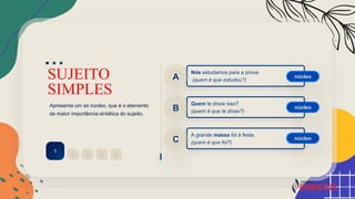 SUJEITO
SIMPLES
Apresenta um só núcleo, que é o elemento
de maior importância sintática do sujeito.
2
1
3 4 5
Nós estudamos para a prova.
(quem é que estudou?)
A
Quem te disse isso?
(quem é que te disse?)
B
A grande massa foi à festa.
(quem é que foi?)
C
núcleo
núcleo
núcleo
 