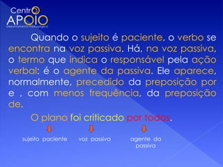 Quando o sujeito é paciente, o verbo se
encontra na voz passiva. Há, na voz passiva,
o termo que indica o responsável pela ação
verbal: é o agente da passiva. Ele aparece,
normalmente, precedido da preposição por
e , com menos frequência, da preposição
de.
     O plano foi criticado por todos.

  sujeito paciente   voz passiva   agente da
                                    passiva
 