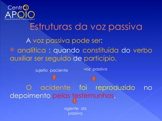 A voz passiva pode ser:
 analítica : quando constituída do verbo
auxiliar ser seguido de particípio.
       sujeito paciente     voz passiva



    O acidente foi reproduzido            no
depoimento pelas testemunhas.
                     agente da
                      passiva
 