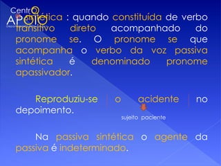   sintética : quando constituída de verbo
transitivo    direto  acompanhado       do
pronome se. O pronome se que
acompanha o verbo da voz passiva
sintética     é    denominado     pronome
apassivador.

   Reproduziu-se     o        acidente      no
depoimento.
                         sujeito paciente


    Na passiva sintética o agente da
passiva é indeterminado.
 