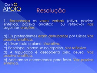 1- Reconheça as vozes verbais (ativa, passiva
sintética, passiva analítica         ou reflexiva) nas
seguintes orações:
 
a) Os pretendentes eram derrubados por Ulisses.Voz
passiva analítica.
b) Ulisses fazia o plano. Voz ativa.
c) Penélope olhava-se no espelho. Voz reflexiva.
d) A tripulação é descoberta pela deusa. Voz
passiva analítica.
e) Aceitam-se encomendas para festa. Voz passiva
sintética.
 