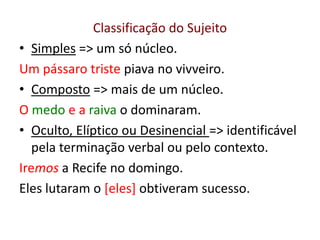Classificação do Sujeito
• Simples => um só núcleo.
Um pássaro triste piava no vivveiro.
• Composto => mais de um núcleo.
O medo e a raiva o dominaram.
• Oculto, Elíptico ou Desinencial => identificável
pela terminação verbal ou pelo contexto.
Iremos a Recife no domingo.
Eles lutaram o [eles] obtiveram sucesso.
 