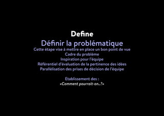Define
Définir la problématique
Cette étape vise à mettre en place un bon point de vue
Cadre du problème
Inspiration pour l’équipe
Référentiel d’évaluation de la pertinence des idées
Parallèlisation des prises de décision de l’équipe
Etablissement des :
«Comment pourrait-on..?»
 