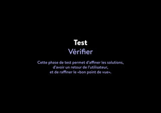 Test
Vérifier
Cette phase de test permet d’affiner les solutions,
d’avoir un retour de l’utilisateur,
et de raffiner le «bon point de vue».
 