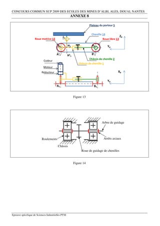CONCOURS COMMUN SUP 2009 DES ECOLES DES MINES D’ALBI, ALES, DOUAI, NANTES
                                                      ANNEXE 8

                                                                      Plateau du porteur 5


                                                             e          Chenille 14
                                              J1                                                 Zp
                    Roue motrice 12                                              Roue libre 13

                                         A1         H1                  B1            Yp

                                        A’1         H’1                 B’1
                                                                      Châssis de chenille 2
                            Codeur
                                                             Châssis de chenille 1
                            Moteur
                          Réducteur                                                           Xp

                                                                                      Yp
                                        A1                                B1


                                                          Figure 13




                                                                                Arbre de guidage




                           Roulements                                            Arrêts axiaux

                                         Châssis
                                                                 Roue de guidage de chenilles


                                                          Figure 14




Epreuve spécifique de Sciences Industrielles PTSI
 