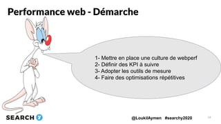@LoukilAymen #searchy2020
Performance web - Démarche
14
1- Mettre en place une culture de webperf
2- Définir des KPI à sui...