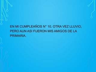 EN MI CUMPLEAÑOS N° 10, OTRA VEZ LLUVIO,
PERO AUN ASI FUERON MIS AMIGOS DE LA
PRIMARIA.

 