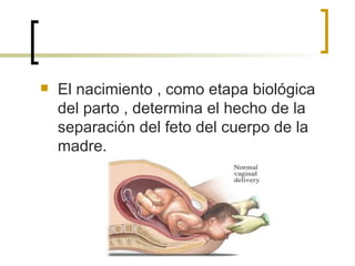 El nacimiento , como etapa biológica del parto , determina el hecho de la separación del feto del cuerpo de la madre. 