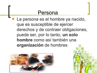 Persona La persona es el hombre ya nacido, que es susceptible de ejercer derechos y de contraer obligaciones, puede ser, por lo tanto,  un solo hombre  como así también una  organización  de hombres  
