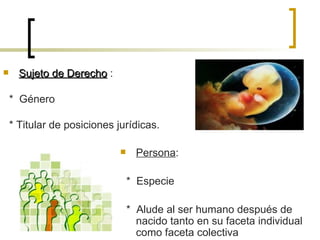 Sujeto de Derecho  : *  Género * Titular de posiciones jurídicas. Persona : *  Especie *  Alude al ser humano después de nacido tanto en su faceta individual como faceta colectiva 