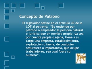 Concepto de Patrono
 El legislador define en el artículo 49 de la
    LOT al patrono: “Se entiende por
    patrono o empleador la persona natural
    o jurídica que en nombre propio, ya sea
    por cuenta propia o ajena, tiene a su
    cargo una empresa, establecimiento,
    explotación o faena, de cualquier
    naturaleza o importancia, que ocupe
    trabajadores, sea cual fuere su
    número”.
 
