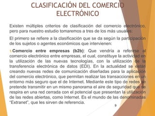 9
CLASIFICACIÓN DEL COMERCIO
ELECTRÓNICO
Existen múltiples criterios de clasificación del comercio electrónico,
pero para nuestro estudio tomaremos a tres de los más usuales:
El primero se refiere a la clasificación que se da según la participación
de los sujetos o agentes económicos que intervienen:
1.Comercio entre empresas (b2b): Que vendría a referirse al
comercio electrónico entre empresas, el cual, constituye la actividad en
la utilización de las nuevas tecnologías, con la utilización de la
transferencia electrónica de datos (EDI). En la actualidad se están
creando nuevas redes de comunicación diseñadas para la aplicación
del comercio electrónico, que permitan realizar las transacciones en un
entorno más seguro que el de Internet. Mediante este tipo de redes se
pretende transmitir en un mismo panorama el aire de seguridad que se
respira en una red cerrada con el potencial que presentan la utilización
de las redes abiertas, como Internet. Es el mundo de las denominadas
“Extranet”, que les sirven de referencia.
 