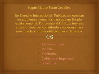 •   Elemento Ideal.
•   Pueblo.
•   Territorio.
•   Gobierno ó Imperium.
•   Soberanía.
 