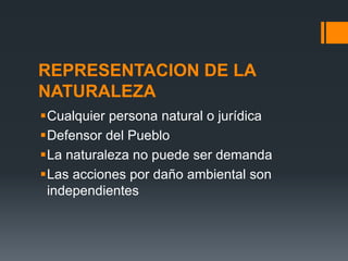 REPRESENTACION DE LA
NATURALEZA
Cualquier persona natural o jurídica
Defensor del Pueblo
La naturaleza no puede ser demanda
Las acciones por daño ambiental son
independientes
 