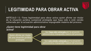 LEGITIMIDAD PARA OBRAR ACTIVA
ARTÍCULO 13.-Tiene legitimidad para obrar activa quien afirme ser titular
de la situación jurídica sustancial protegida que haya sido o esté siendo
vulnerada por la actuación administrativa impugnable materia del proceso.
¿Quien tiene legitimidad para obrar
activa?
Quien afirma ser titular
de una situación jurídica
protegida
Que haya sido vulnerada por la actuación
administrativa impugnable materia del proceso.
Que este siendo vulnerada por la actuación
administrativa impugnable materia del proceso.
 