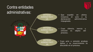 Contra entidades
administrativas: ENTIDAD
ADMINISTRATI
VA
ENTIDAD
ADMINISTRATI
VA
ENTIDAD
ADMINISTRATI
VA
• Que expidió en ultima
instancia el acto o la
declaración administrativa
impugnada.
• Cuyo silencio, inercia u
omisión es objeto del
proceso.
• Cuyo acto u omisión produjo
daños y su resarcimiento es
discutido en el proceso.
 
