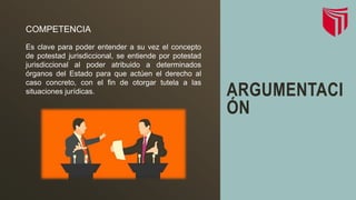 ARGUMENTACI
ÓN
COMPETENCIA
Es clave para poder entender a su vez el concepto
de potestad jurisdiccional, se entiende por potestad
jurisdiccional al poder atribuido a determinados
órganos del Estado para que actúen el derecho al
caso concreto, con el fin de otorgar tutela a las
situaciones jurídicas.
 
