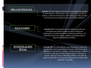 ORGANO POLICIAL
Artículo 113. Son órganos de policía de investigaciones penales
los funcionarios o funcionarias a los cuales la ley acuerde tal
carácter, y todo otro funcionario o funcionaria que deba cumplir
las funciones de investigación que este Código establece.
FACULTADES Artículo 114. Corresponde a las autoridades de policía de
investigaciones penales, la práctica de las diligencias
conducentes a la determinación de los hechos punibles y a la
identificación de sus autores o autoras y partícipes, bajo la
dirección del Ministerio Público.
INVESTIGACION
PENAL
Artículo 115. Las informaciones que obtengan los órganos de
policía, acerca de la perpetración de hechos delictivos y de la
identidad de sus autores o autoras, y demás partícipes, deberá
constar en acta que suscribirá el funcionario o funcionaria
actuante, para que sirvan al Ministerio Público a los fines de
fundar la acusación, sin menoscabo del derecho de defensa del
imputado o imputada.
 