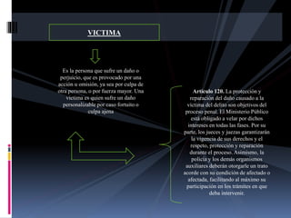 VICTIMA
Es la persona que sufre un daño o
perjuicio, que es provocado por una
acción u omisión, ya sea por culpa de
otra persona, o por fuerza mayor. Una
victima es quien sufre un daño
personalizable por caso fortuito o
culpa ajena
Artículo 120. La protección y
reparación del daño causado a la
víctima del delito son objetivos del
proceso penal. El Ministerio Público
está obligado a velar por dichos
intereses en todas las fases. Por su
parte, los jueces y juezas garantizarán
la vigencia de sus derechos y el
respeto, protección y reparación
durante el proceso. Asimismo, la
policía y los demás organismos
auxiliares deberán otorgarle un trato
acorde con su condición de afectado o
afectada, facilitando al máximo su
participación en los trámites en que
deba intervenir.
 