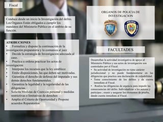 ATRIBUCIONES
• Formaliza y dispone la continuación de la
investigación preparatoria y lo comunica al juez
• Decide la estrategia de Investigación adecuada al
caso.
• Practica u ordena practicar los actos de
investigación
• Interpone los recursos que la ley establece
• Emite disposiciones, las que deben ser motivadas.
• Garantiza el derecho de defensa del imputado y sus
demás derechos fundamentales.
• Garantiza la legalidad y la regularidad de las
diligencias.
• Solicita Medidas de Coerción personal y medidas
restrictivas o limitativas de derechos
• Amplia el Criterio de Oportunidad y Propone
acuerdos Reparatorios
ORGANOS DE POLICIA DE
INVESTIGACION
FACULTADES
Desarrollan la actividad investigativa de apoyo al
Ministerio Público y sus actos de investigación son
controlados por el Fiscal.
• Su actividad de investigación no tiene carácter
jurisdiccional y no puede fundamentarse en las
diligencias que practica una declaración de culpabilidad.
• Toma conocimiento de los delitos y da cuenta
inmediata al Fiscal.
• Realiza las diligencias de urgencia para impedir las
consecuencias del delito. Individualizar a los autores y
participes ; reunir y asegurar los elementos de prueba,
dando cuenta inmediata al Fiscal.
Fiscal
Conduce desde un inicio la Investigación del delito.
Los Órganos Están obligados a cumplir los
mandatos del Ministerio Público en el ámbito de su
función.
 