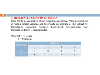 .
15
SEQUENCE
PERIOD
1 2 3 4
1 T R T R
2 R T R T
4. REPLICATED CROSS OVER DESIGN
Used for the determination of individual bioequivalence. Allows comparison
of within-subject variance and to provide an estimate of the subject-by-
formulation interaction variance. Four-period, two-sequence, two-
formulation design is recommended.
Where R = reference
T = treatment
 