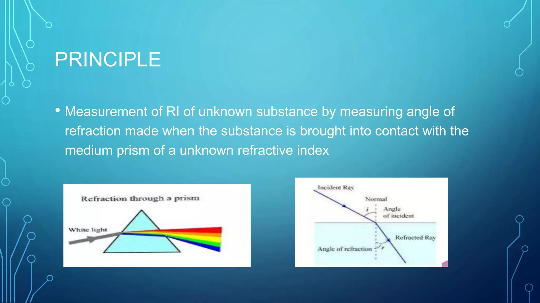 PRINCIPLE
• Measurement of RI of unknown substance by measuring angle of
refraction made when the substance is brought into contact with the
medium prism of a unknown refractive index
 