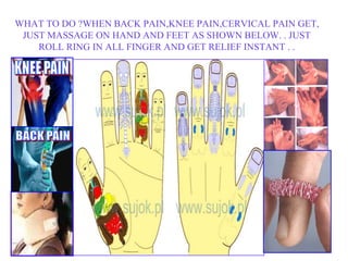 54
FOR CERVICAL AND BACK REGION JUST GIVE
MASSAGE AND ROLL RING IN ALL FINGER AS
SHOWN HERE AND SEE AMAZING RELIEFS ……
SU ...