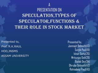 A
                   PRESENTATION ON
            SPECULATION,TYPES OF
          SPECULATOR,FUNCTIONS &
         THEIR ROLE IN STOCK MARKET

Presented to,                        Presented by,
Prof. R.K.RAUL                       Janmajit Debnath(13)
HOD,JNSMS                                   Sanjib Paul(18)
                                           Ishan Dutta(26)
ASSAM UNIVERSITY
                                        Mritunjoy Deb(28)
                                            Biplab Dey(34)
                                      Dhruba Debnath(43)
                                       Ratnadeep Paul(45)
 