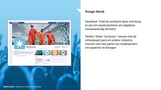 26-02-13
Strategie Maersk
Facebook: Trekt de aandacht door niet bang
te zijn om zowel positieve als negatieve
nieuwswaardig verhalen
Twitter: Delen ‘serieuzer’ nieuws met de
scheepvaart pers en andere industrie
mensen met een panel van medewerkers
om expertise te brengen
 