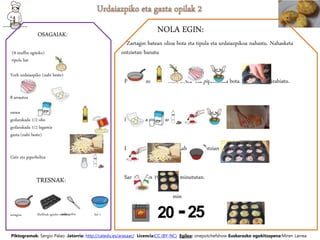 OSAGAIAK:
NOLA EGIN:
TRESNAK:
Piktogramak: Sergio Palao Jatorria: http://catedu.es/arasaac/ Licencia:CC (BY-NC) Egilea: onepotchefshow Euskarazko egokitzapena:Miren Larrea
(9 muffin egiteko)
tipula bat
York urdaiazpiko (nahi beste)
8 arrautza
esnea
goilarakada 1/2 olio
goilarakada 1/2 legamia
gazta (nahi beste)
Gatz eta piperbeltza
Zartagin batean olioa bota eta tipula eta urdaiazpikoa nahastu. Nahasketa
ontzietan banatu
Pitxer batean arrautzak, esnea eta piperbeltza bota. Nahastu eta irabiatu.
Bota gazta ontzietan
Bota pitxerrean dagoen nahasketa ontzian
Sartu labean 190ª 20-25 minututan.
min
zartagina Muffinak egiteko ontzia
irabiagailua bol 1
 