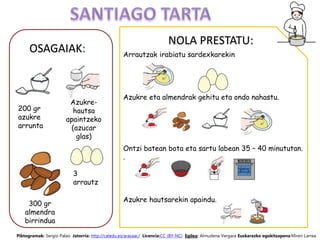 OSAGAIAK:
NOLA PRESTATU:
Arrautzak irabiatu sardexkarekin
Azukre eta almendrak gehitu eta ondo nahastu.
Ontzi batean bota eta sartu labean 35 – 40 minututan.
.
Azukre hautsarekin apaindu.
300 gr
almendra
birrindua
200 gr
azukre
arrunta
3
arrautz
Azukre-
hautsa
apaintzeko
(azucar
glas)
Piktogramak: Sergio Palao Jatorria: http://catedu.es/arasaac/ Licencia:CC (BY-NC) Egilea: Almudena Vergara Euskarazko egokitzapena:Miren Larrea
 