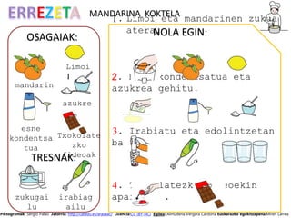 OSAGAIAK: NOLA EGIN:
MANDARINA KOKTELA
1. Limoi eta mandarinen zukua
atera.
2. Esne kondentsatua eta
azukrea gehitu.
3. Irabiatu eta edolintzetan
banatu.
4. Txokolatezko fideoekin
apaindu. .
mandarin
ak
azukre
Limoi
1
esne
kondentsa
tua
TRESNAK:
zukugai
lu
irabiag
ailu
Txokolate
zko
fideoak
Piktogramak: Sergio Palao Jatorria: http://catedu.es/arasaac/ Licencia:CC (BY-NC) Egilea: Almudena Vergara Cardona Euskarazko egokitzapena:Miren Larrea
 