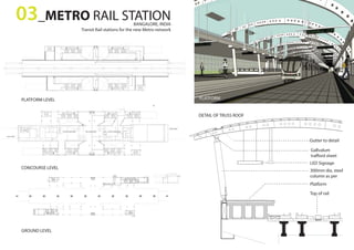 CONCOURSE LEVEL
GROUND LEVEL
PLATFORM
03_METRO RAIL STATIONBANGALORE, INDIA
Transit Rail stations for the new Metro network
PLATFORM LEVEL
Gutter to detail
Gallvalum
trafford sheet
300mm dia. steel
column as per
Platform
LED Signage
Top of rail
DETAIL OF TRUSS ROOF
 