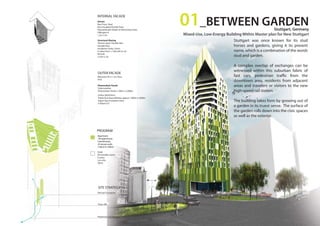 Photovoltaic Panels
Polycrystaline
Photovoltaic Panels 1,200m x 3,000m
Unilux UltraTherm
Triple Pane Glass Window approx. 1000m x 3000m
Argon Gass Insulation 6mm
U Value 0.21
Balconies 4m x 1.2m Area
5m2
SITE STRATEGY
Pedestrian Circulation
INTERNAL FACADE
OUTER FACADE
Vertical Circulation
PROGRAM
Apartment
140 apartments
2 penthouses
25 terrace units
118m2 to 150m2
Hotel
60 rentable rooms
8 suites
5m x 8m
40m2
Atrium
Bow Truss: Steel
Non-Insulated Double Pane
Polycarbonate Sheets of 20mmClear Glass
Pilkington K
1.2m x 2m
Structural Glazing
Thermo Span/ Double Skin
Double Pane
Insulation Cavity 12mm
U value from 1.1 W/m2K to 2.8
W/m2K
2.25m x 3m
Stuttgart was once known for its stud
horses and gardens, giving it its present
name, which is a combination of the words
stud and garden.
A complex overlap of exchanges can be
witnessed within this suburban fabric of
fast cars, pedestrian traffic from the
downtown area, residents from adjacent
areas and travelers or visitors to the new
high-speed rail station.
The building takes form by growing out of
a garden in its truest sense. The surface of
the garden rolls down into the civic spaces
as well as the exterior.
01_BETWEEN GARDENStuttgart, Germany
Mixed-Use, Low-Energy Building Within Master plan for New Stuttgart
 