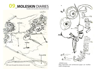 _NYC seen through the window of an aircraft.
09_MOLESKIN DIARIESDoodles and narratives that fuel the mind
_DESIGN review
Sleep deprivation and architectural jargon can manifest
itself in strange ways.
 